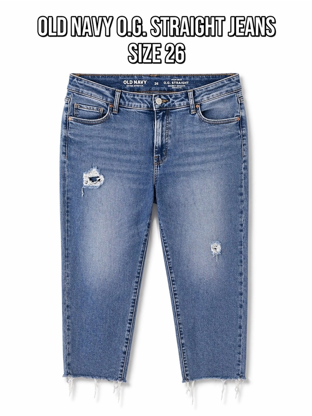 Old Navy Mid Blue Jeans with distressing and raw hem. Size 26w.